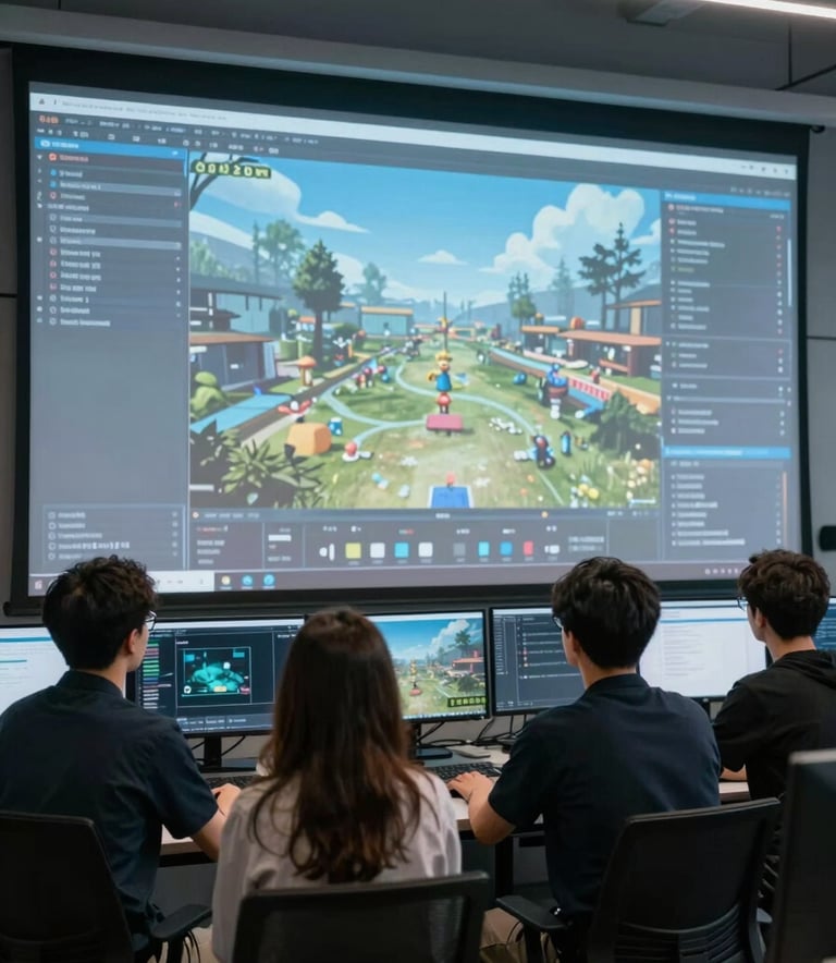 A collaborative scene of a professional game development team in an International / Global high-tech studio. They are looking at a large screen displaying game level designs, illuminated by bright sky blue and soft mist grey lights, projecting a sophisticated and innovative atmosphere.