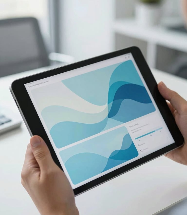 A close-up of a modern tablet showing vibrant, abstract data visualizations in sky blue and pale mist tones. Held by a professional in a bright, modern International / Global office. Natural lighting, clean and professional design.