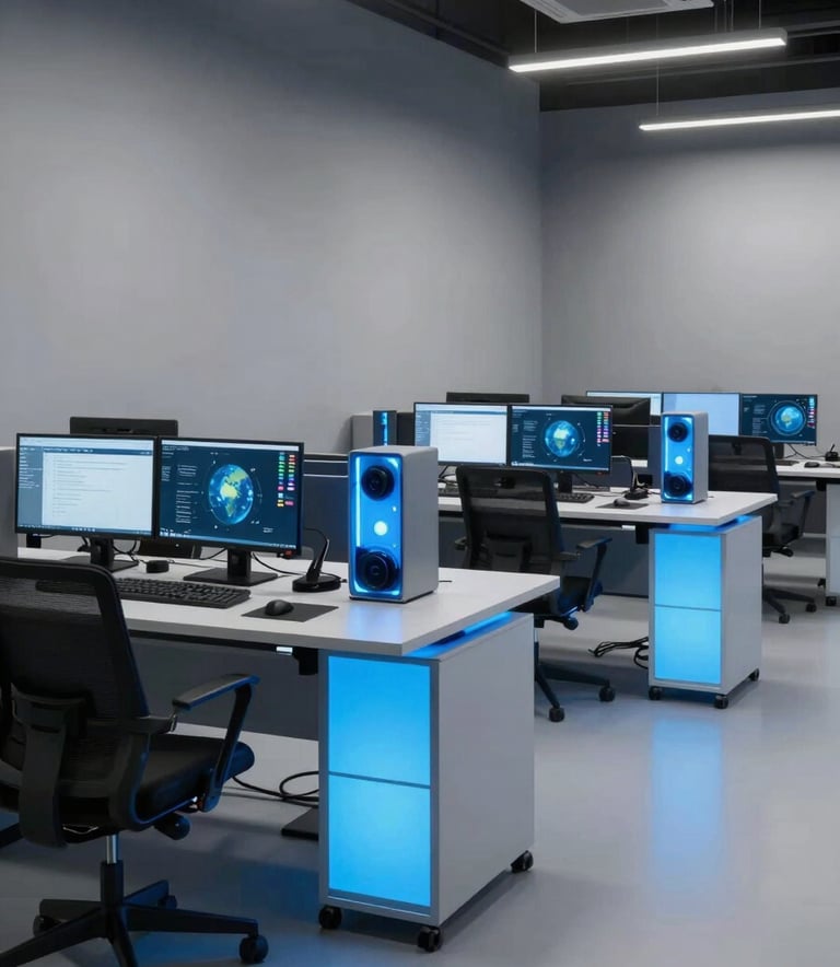 A wide-angle professional photograph of a modern International / Global game studio. The space is clean and innovative with soft mist grey walls and workstations featuring bright sky blue glowing equipment, reflecting a high-end publishing environment.
