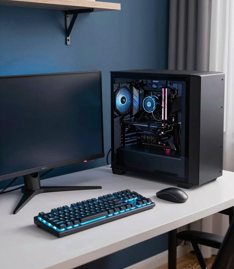 A wide, professional photography shot of a sleek PC gaming setup in a modern International / Global apartment. The desk is organized, with sky blue keyboard backlighting and a high-end monitor. Sophisticated atmosphere with dark slate blue accents.