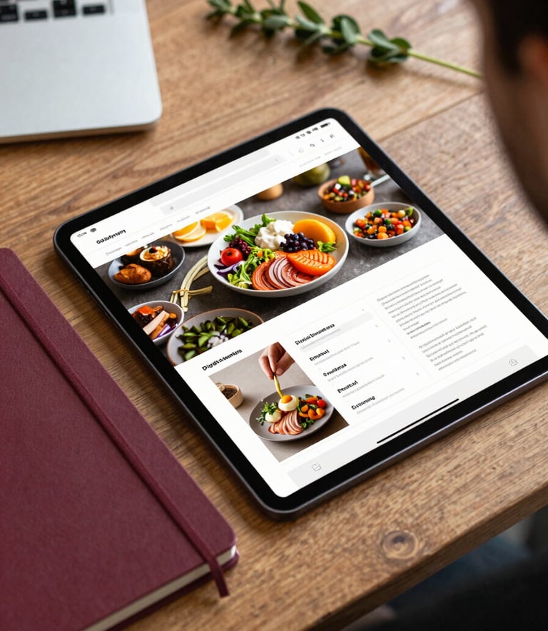 A flat lay of a digital marketing planning session on a wooden table. Elements include a deep crimson notebook, a tablet showing a social media feed with vibrant food shots, and a small sprig of fresh herbs for an organic touch. Professional and innovative mood.