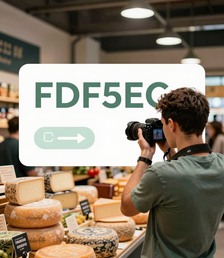 A modern food market interior with high industrial ceilings and warm lighting. In the foreground, a Pomodoro team member is seen from the back, holding a professional camera and capturing the vibrant colors of an artisanal cheese stall. Mood is professional, artistic, and warm, featuring #FDF5E6 and #2D543B tones.