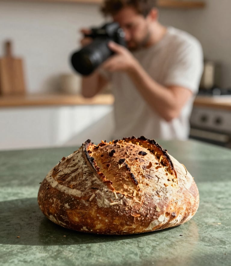 A professional photographer from the agency capturing a close-up shot of a rustic, artisanal sourdough loaf on a matte forest green table in a sunlit Scandinavian-style kitchen. The lighting is warm and natural, incorporating the brand's sophisticated and approachable warmth.