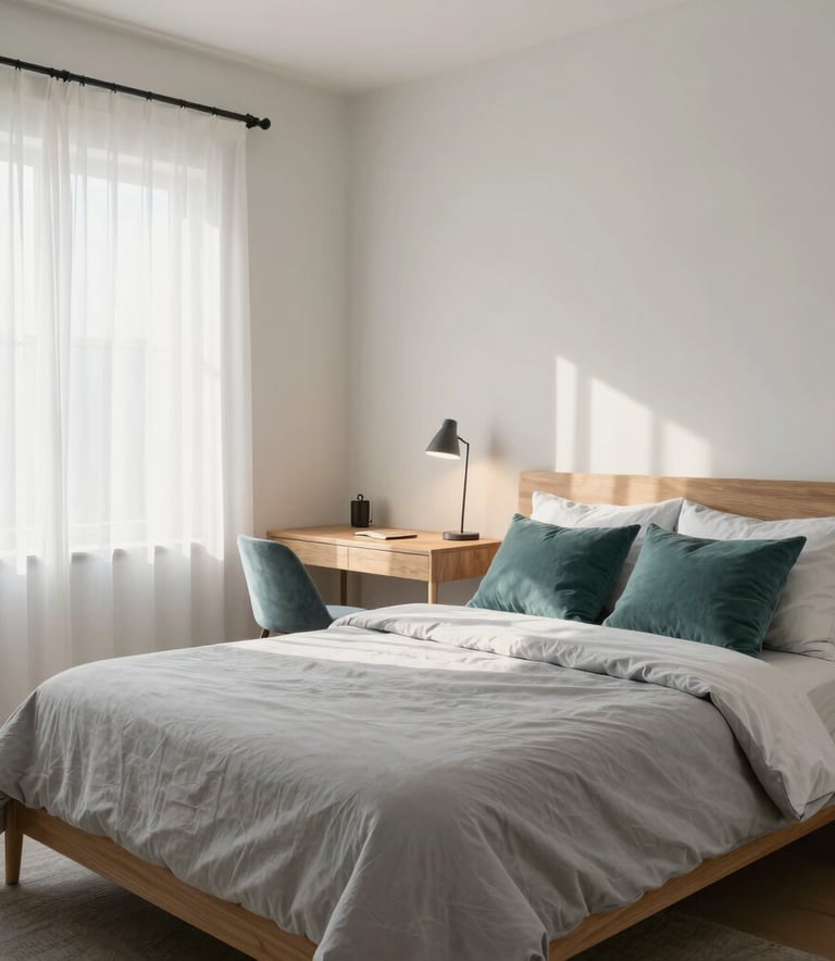A clean and modern move-in ready bedroom in a North American / US home, featuring a neatly made bed with light grey linens, a minimalist wooden desk with a lamp, and soft sunlight filtering through white curtains. The room is decorated in a palette of off-white and muted teal, projecting warmth and efficiency.