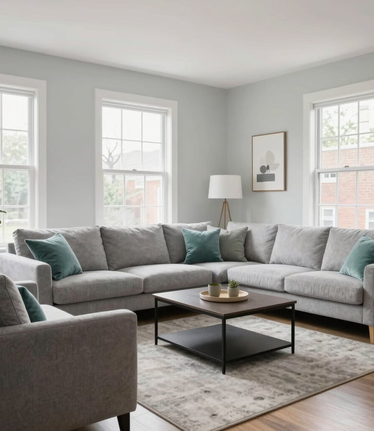 A bright and airy Maryland living room, fully furnished with contemporary furniture in light grey and muted teal. The space is immaculately clean with large windows letting in natural light, showcasing a professional and modern co-living environment.