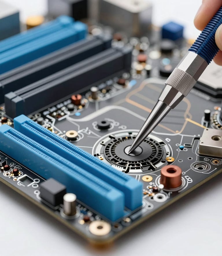 A macro, high-detail photograph of a computer motherboard being repaired with precision tools, bright and clean lighting, steel gray and sky blue accents, European / Portuguese technical environment.