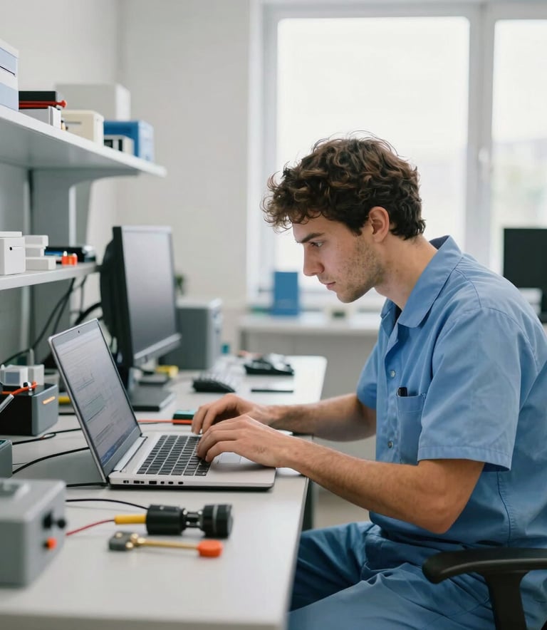 A bright, modern computer repair laboratory in Portugal. A professional technician is focused on diagnosing a laptop. The room is filled with professional tools, soft natural light, and a color palette of light blue and slate grey.