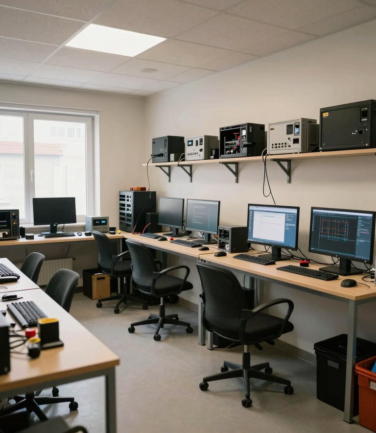 A wide-angle shot of a clean, organized computer repair shop with various technical tools and screens, soft natural lighting, European / Portuguese interior design.