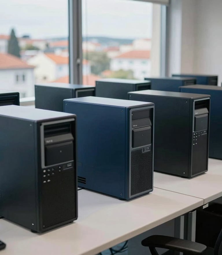 A wide-angle shot of a tidy, organized tech workspace in a Portuguese city. Several high-end computer towers and peripherals are lined up for maintenance. The style is professional and clean, with a palette of navy blue and cool grey. Natural morning light, professional photography.