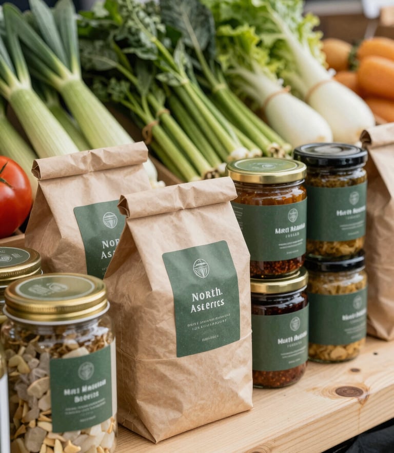 A vibrant North American artisanal food market scene. Focus on a market stall showcasing organic vegetables and jarred goods with clean, modern branding. The aesthetic is sophisticated yet approachable, using Crisp Parchment paper wrapping and Matte Forest Green labels.