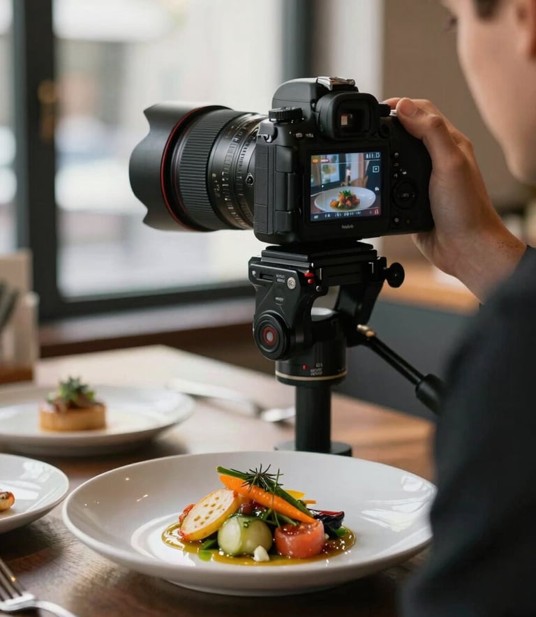 A close-up, professional photography shot of a content creator in a North American / Western European artisanal restaurant, using a DSLR camera on a tripod to photograph a gourmet vegetable dish. Soft, natural light from a window highlights the textures of the food and the professional equipment.