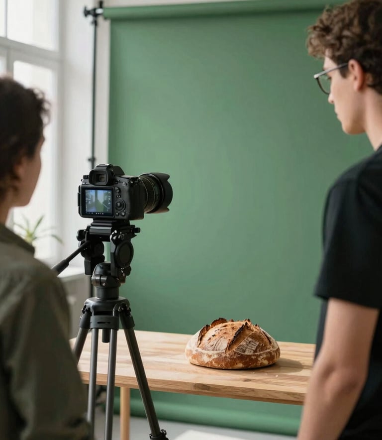 Professional photography of a digital marketing team in a Western European studio setting up a content shoot. A sleek camera on a tripod focuses on a rustic sourdough bread loaf on a Matte Forest Green backdrop. Natural, bright light from a nearby window.