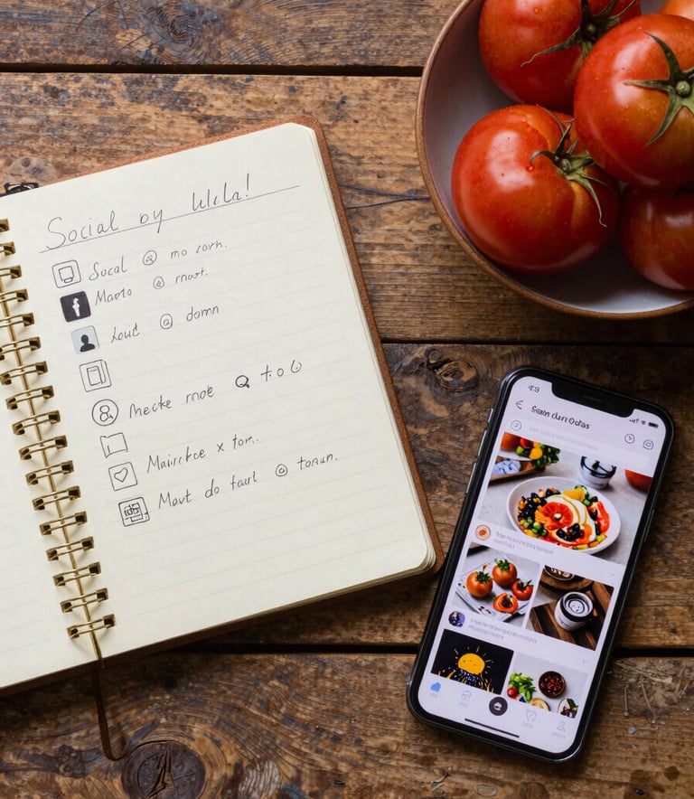A top-down flat lay on a rustic wooden table in a North American / Western European studio. The scene features a vintage notebook with handwritten social media plans, a bowl of deep ripe crimson tomatoes, and a modern smartphone showing a professional food feed.