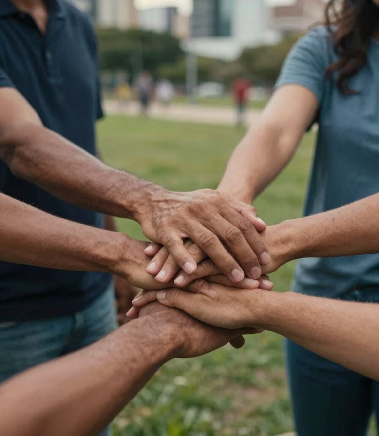 Close-up of the hands of several South American / Colombian people from different backgrounds joined together in the center, symbolizing unity and strength. The background is a soft-focus view of a modern South American / Colombian city park. The lighting is warm and natural, with hints of dark navy blue and dusty steel blue in the surrounding clothing.