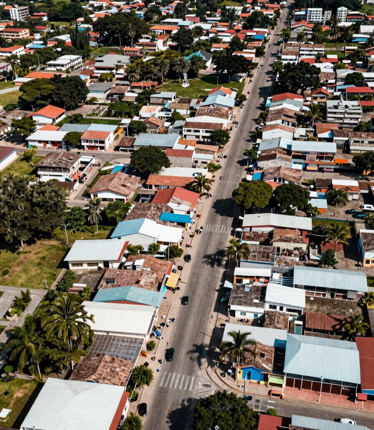 An aerial view of a vibrant South American / Colombian coastal town in Atlántico. Focus on clean streets and community infrastructure. Sunlight, professional high-angle shot with Muted Teal accents.
