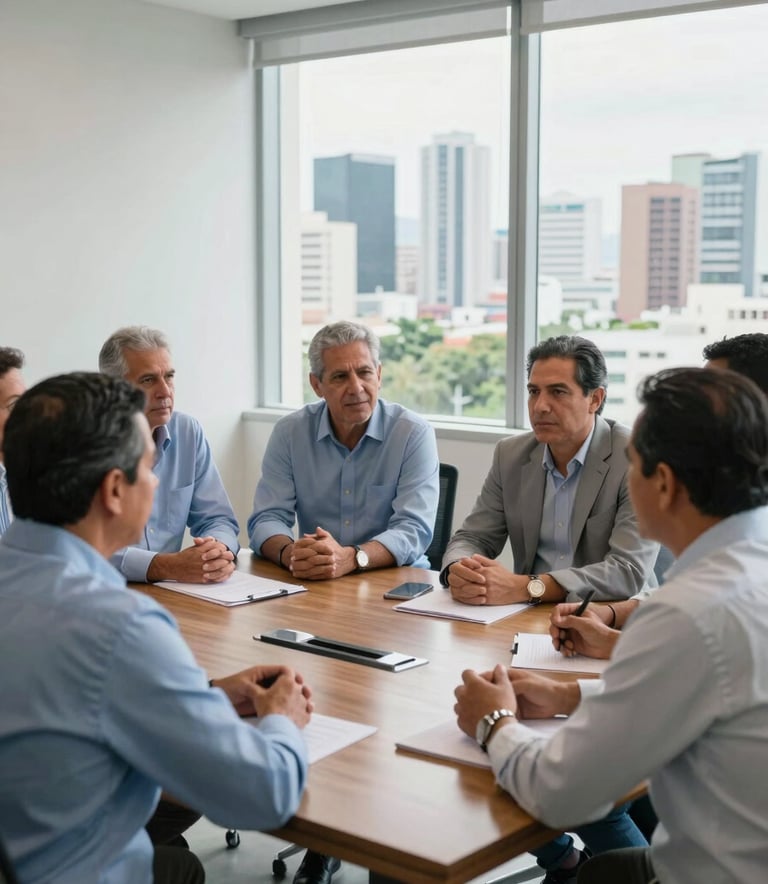 A group of professional South American / Colombian leaders engaging in a constructive discussion around a wooden table in a brightly lit, modern office in Barranquilla. They are wearing business casual attire in muted slate blue and pale mist grey. Large windows in the background show the urban skyline of a South American / Colombian city.