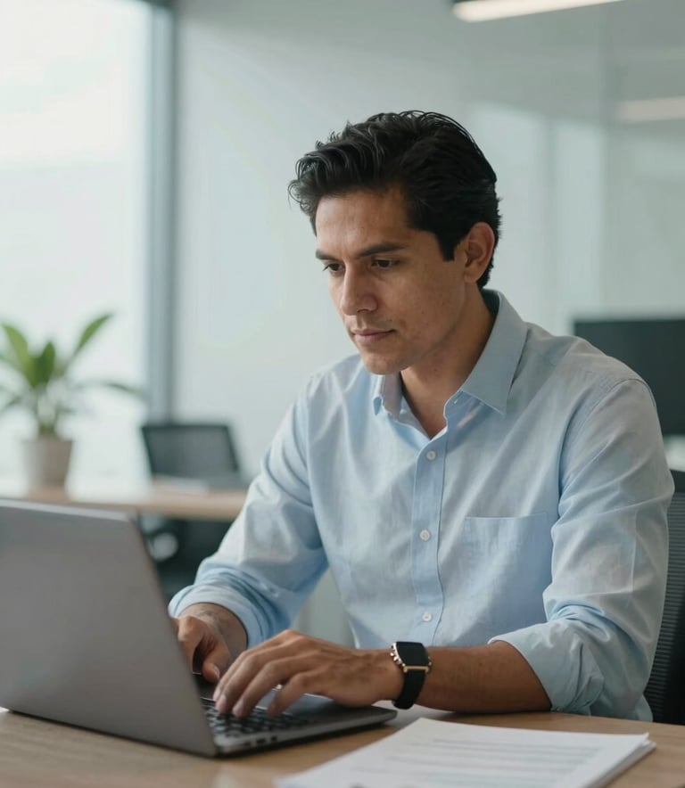Professional photography of a South American / Colombian entrepreneur in the Atlántico region working on a laptop in a bright office. Soft lighting, Pale Mist and Dusty Blue color palette.