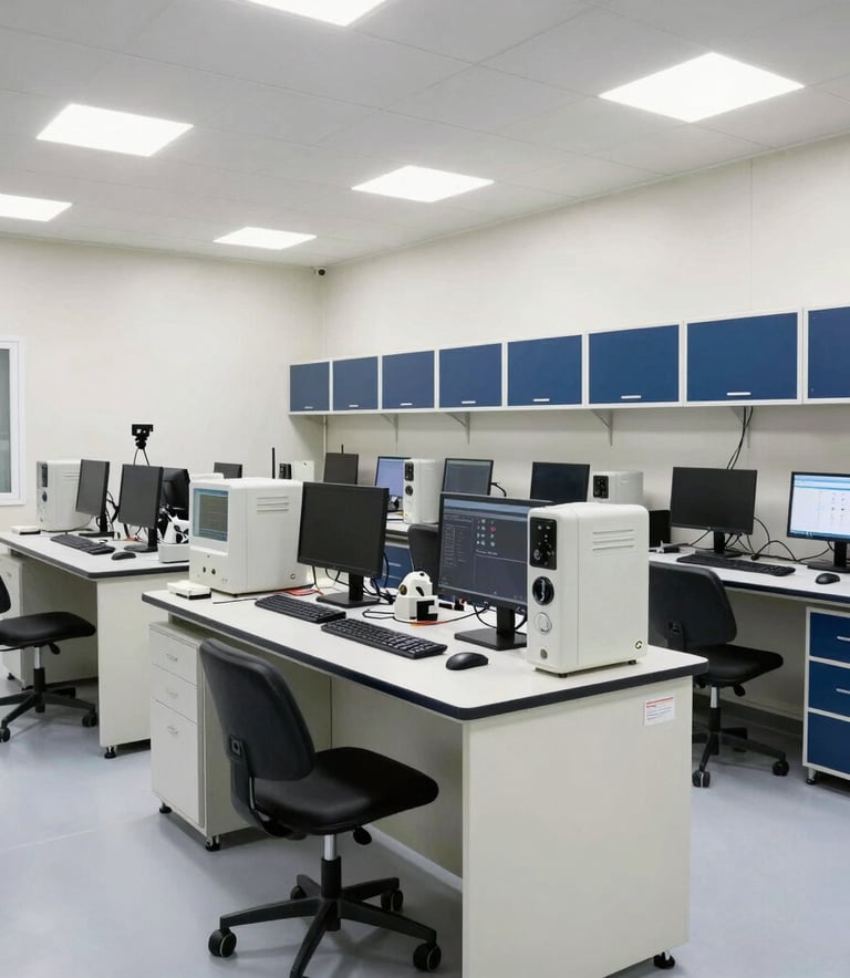A modern, high-tech data recovery laboratory in a Middle Eastern / Turkish metropolitan area. The room is sterile with bright off-white and deep navy blue accents, featuring advanced computer workstations and professional testing equipment under bright, professional lighting.
