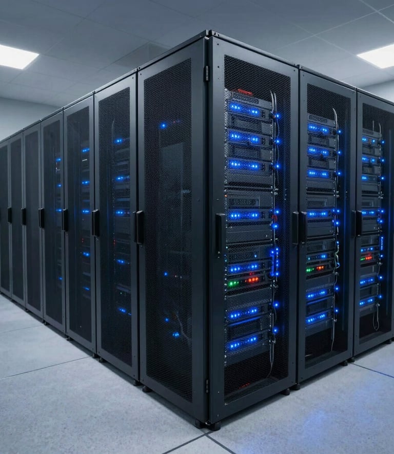 A wide-angle interior shot of a professional data center in Turkey, featuring rows of server racks with blue LED status lights and a clean, technical atmosphere with soft light grey floors.