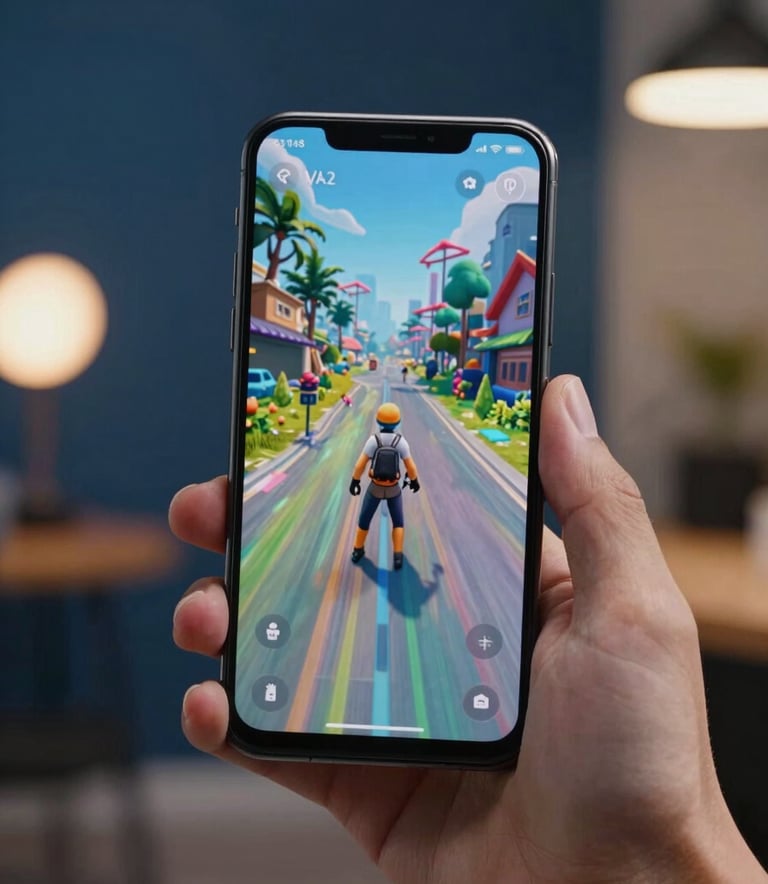 A close-up photograph of a high-end Android smartphone being held in a hand in a modern North American creative studio. The screen displays a vibrant, high-performance mobile game with fluid animations. The background features soft, out-of-focus warm lighting and a deep blue wall.