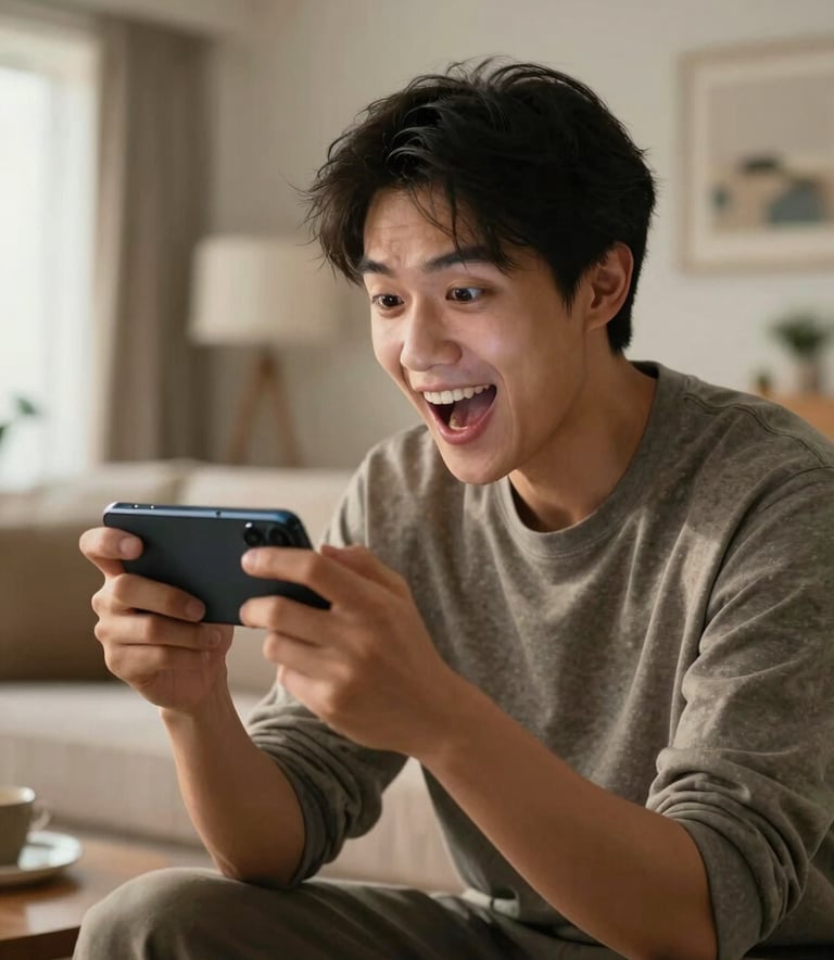 A person in a modern North American living room, holding a mobile device and reacting with excitement to a game. Warm, professional lighting with depth of field focusing on the joy of the user.