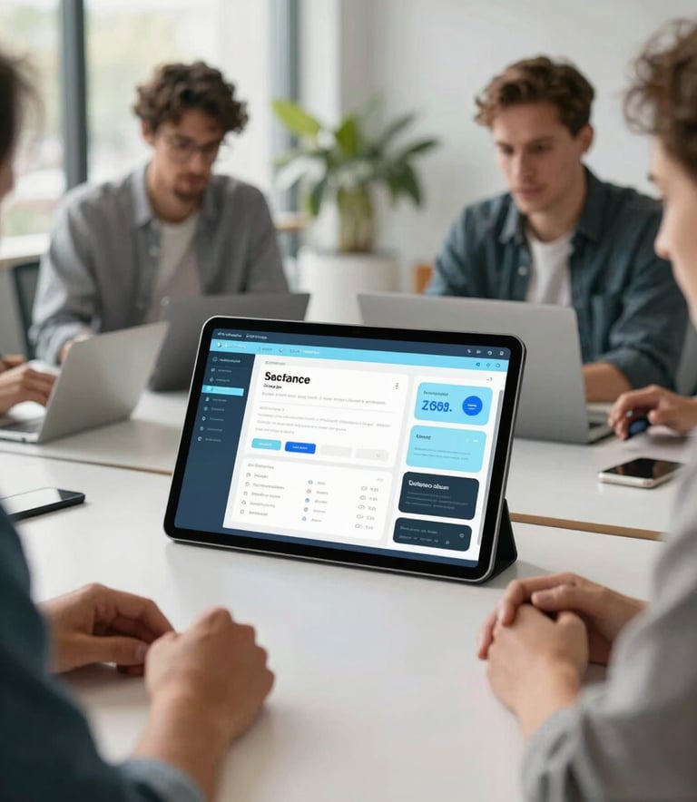 A professional North American office scene where software designers are collaborating around a large desk. A large tablet in the center displays a sleek app user interface with light blue accents. The environment is modern, clean, and filled with natural daylight.