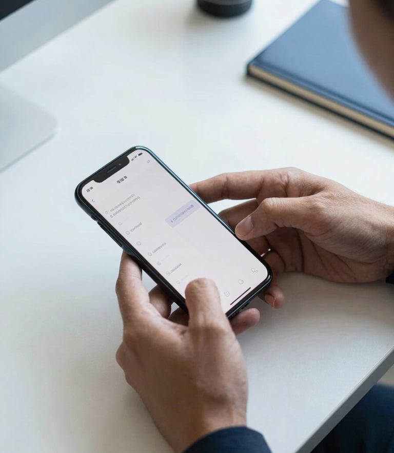 A high-angle photography shot of a developer's hands using a smartphone to manage a complex task, situated in a minimalist North American workspace with blue and white accents.