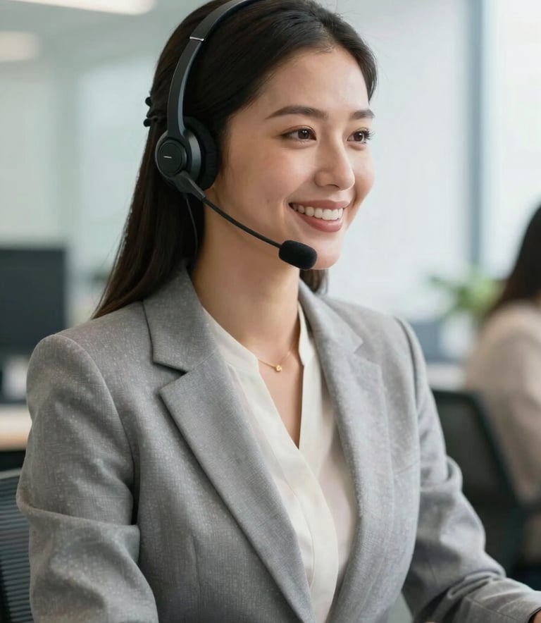 A South American professional woman in elegant business attire, wearing a modern headset, smiling warmly while working in a bright, clean office environment. The style is professional and welcoming.