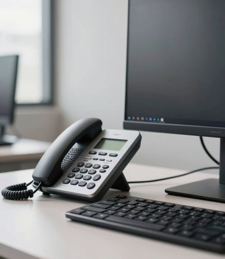 Clean and minimalist close-up of a modern workstation in a Brazilian office setting. Soft morning light, featuring a sleek telephone system and a high-resolution monitor, reflecting professionalism and technological advancement.