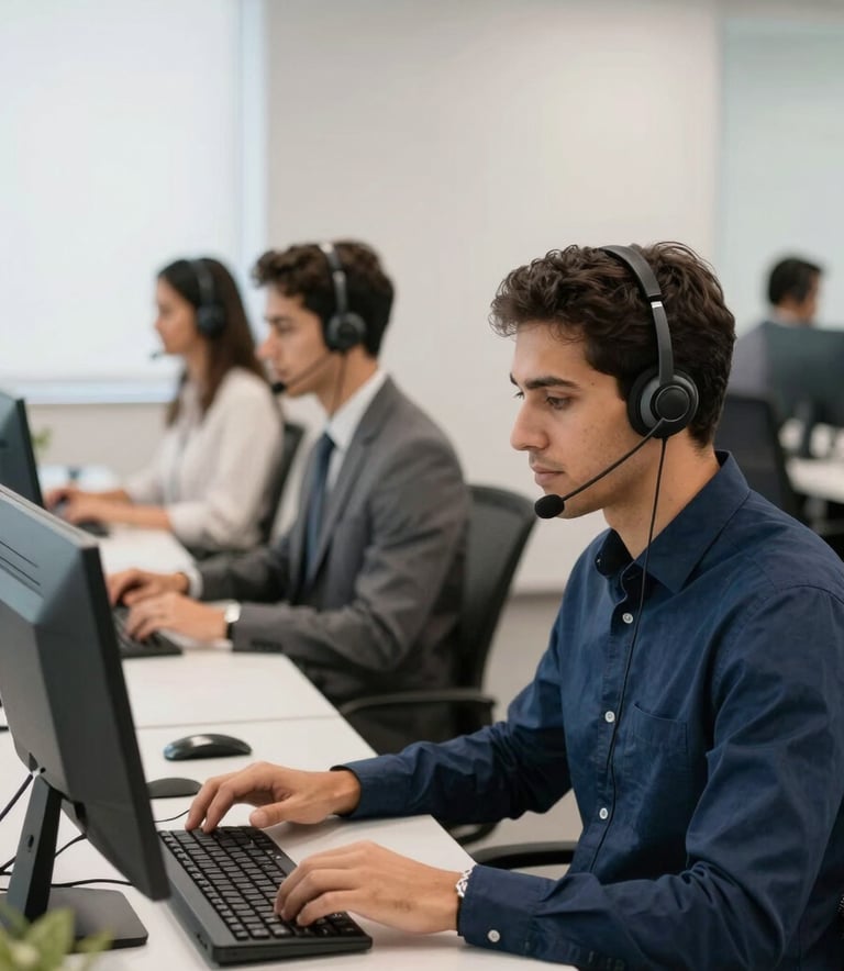 Photography of a modern and clean call center office in Brazil, agents wearing professional headsets working at organized desks, bright natural lighting, soft navy blue and off-white color palette, professional South American corporate environment.
