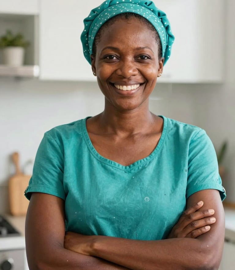 A Southern African professional domestic worker in a bright, modern South African kitchen setting, smiling with confidence, high-quality photography with soft natural lighting and teal accents.