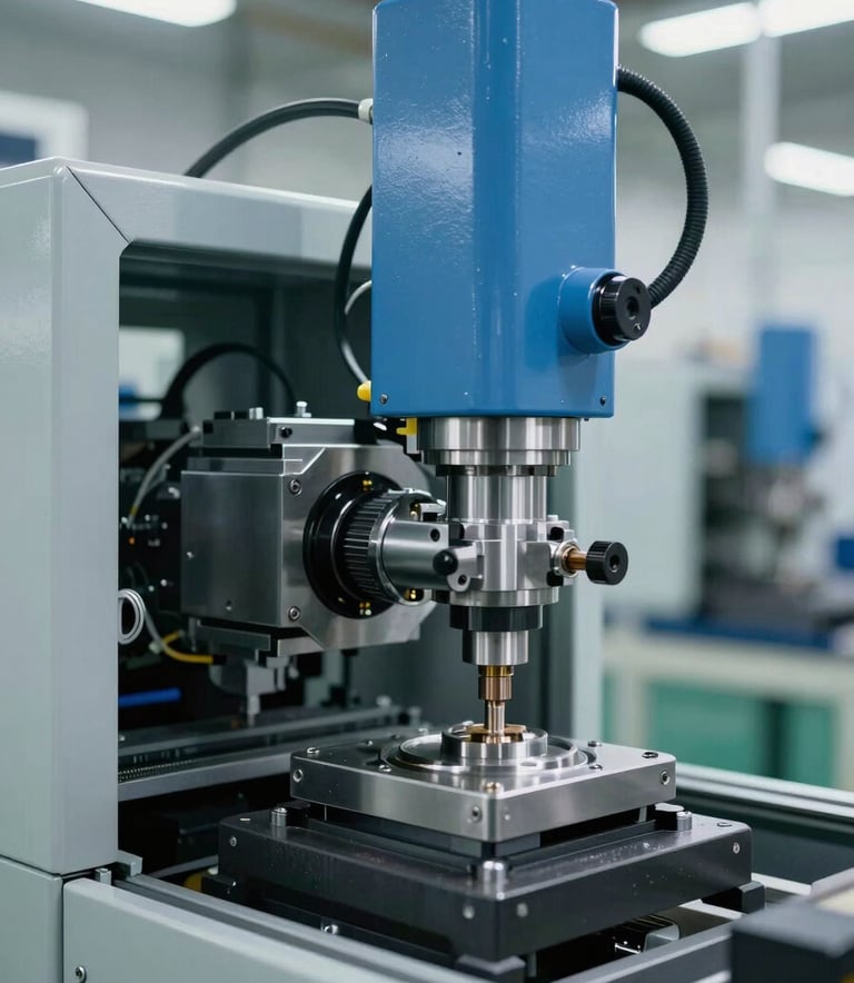 Detailed photography of high-precision industrial manufacturing equipment inside a bright, modern North American factory. The lighting is clean and professional, highlighting steel blue and light gray surfaces. Shallow depth of field focusing on the intricate mechanical components.