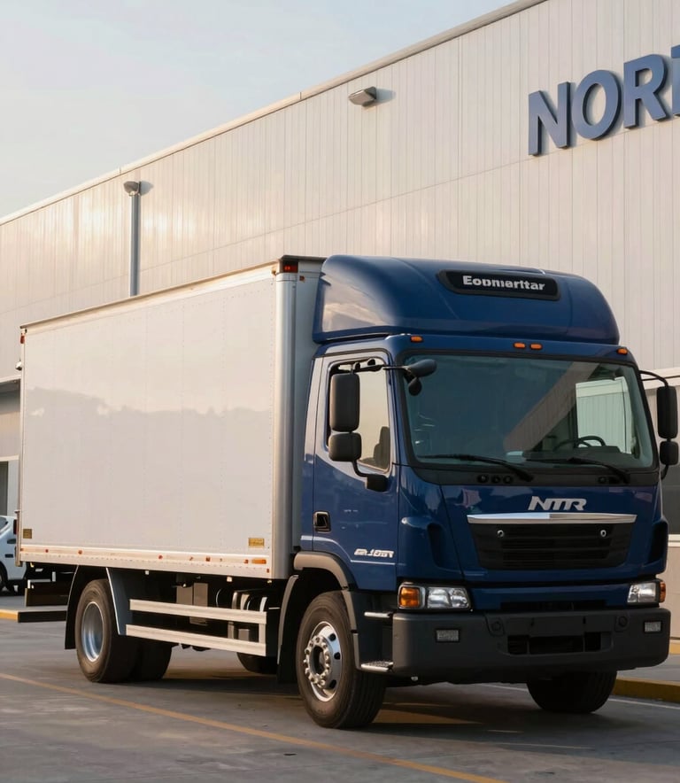 Photography of a modern North American commercial logistics hub. A clean, professional delivery truck is parked in front of a contemporary warehouse. Soft morning sunlight, emphasizing a sense of reliability and efficient business operations. Colors include navy blue and off-white.