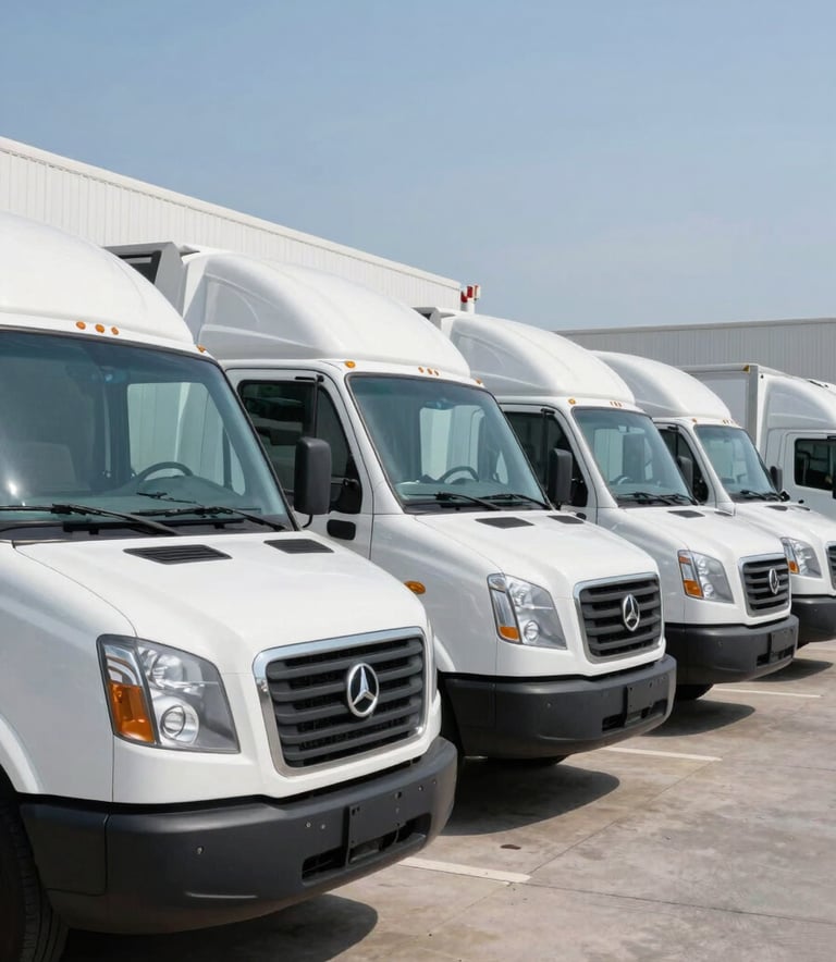 A fleet of modern, clean white commercial delivery trucks parked in a row at a professional North American logistics center during a clear day, projecting reliability and scale.
