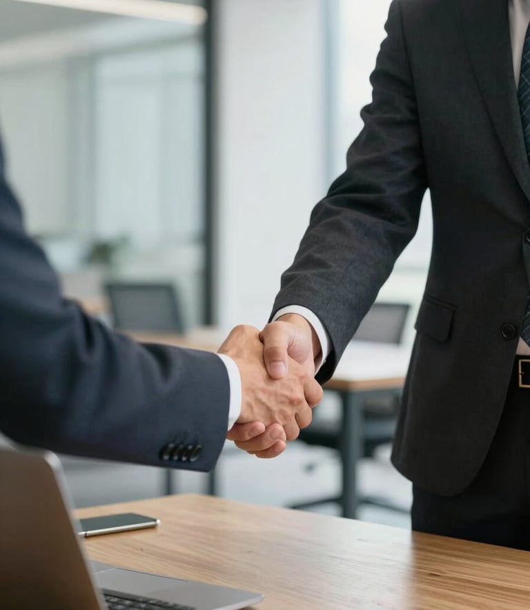 Two business professionals in a bright, modern North American office shaking hands over a clean wooden desk, symbolizing a trusted financial partnership and success.