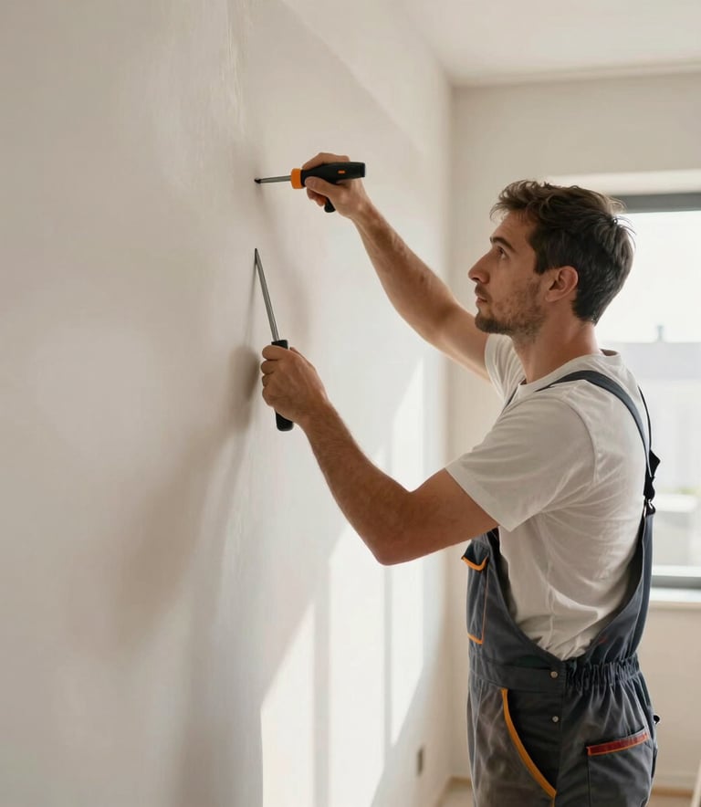 A professional craftsman in clean work attire finishing a drywall wall in a modern sunlit Italian apartment, using professional tools with precision and care.