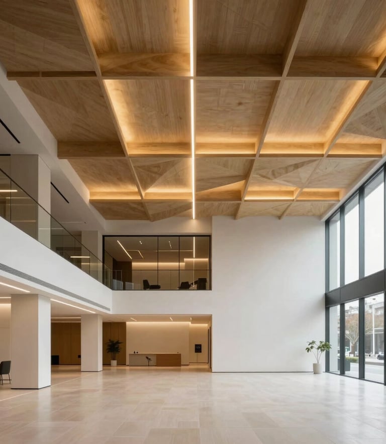 Professional architectural photography of a modern minimalist office lobby in a Southern European city, showcasing complex geometric drywall ceiling structures and elegant golden ochre hidden LED lighting, clean and professional mood.
