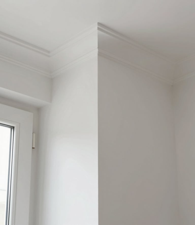 A close-up photograph of a perfectly smooth white drywall corner in a bright Southern European residential interior, showing high-quality architectural finishing and clean lines.