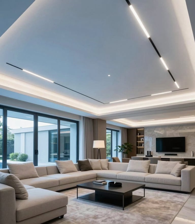 Wide shot of a bright, modern living room in an Italian villa featuring a sophisticated false ceiling with linear LED diffusers and perfectly smooth surfaces, steel blue and off-white color palette.