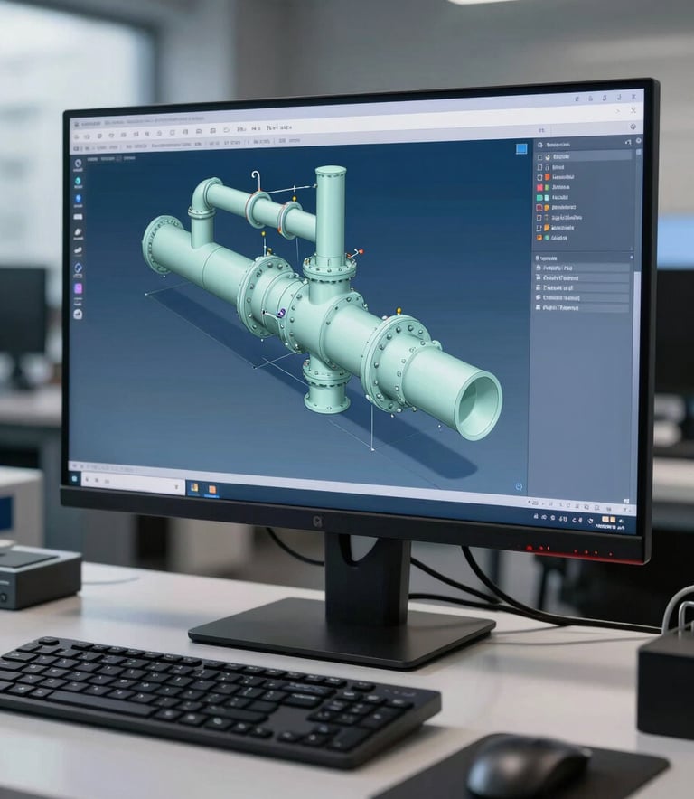 A modern, professional engineering workspace featuring a wide monitor displaying a detailed 3D piping isometric model. The environment uses a palette of Steel Blue and Pale Mist, reflecting a highly efficient and technical atmosphere.