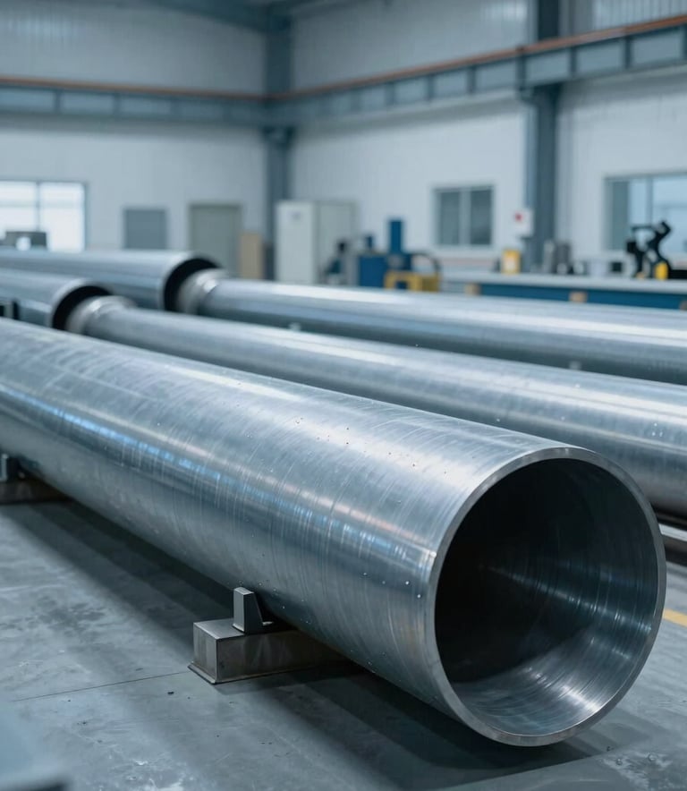 A wide-angle photograph of a clean, modern industrial fabrication shop where large steel pipes are being processed, lit with soft slate blue and pale mist blue ambient light to emphasize a professional workspace.