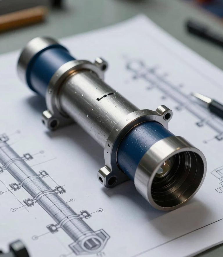 Macro photography of a printed technical pipe spool drawing resting on an engineering desk, with a professional steel blue and deep navy color palette.