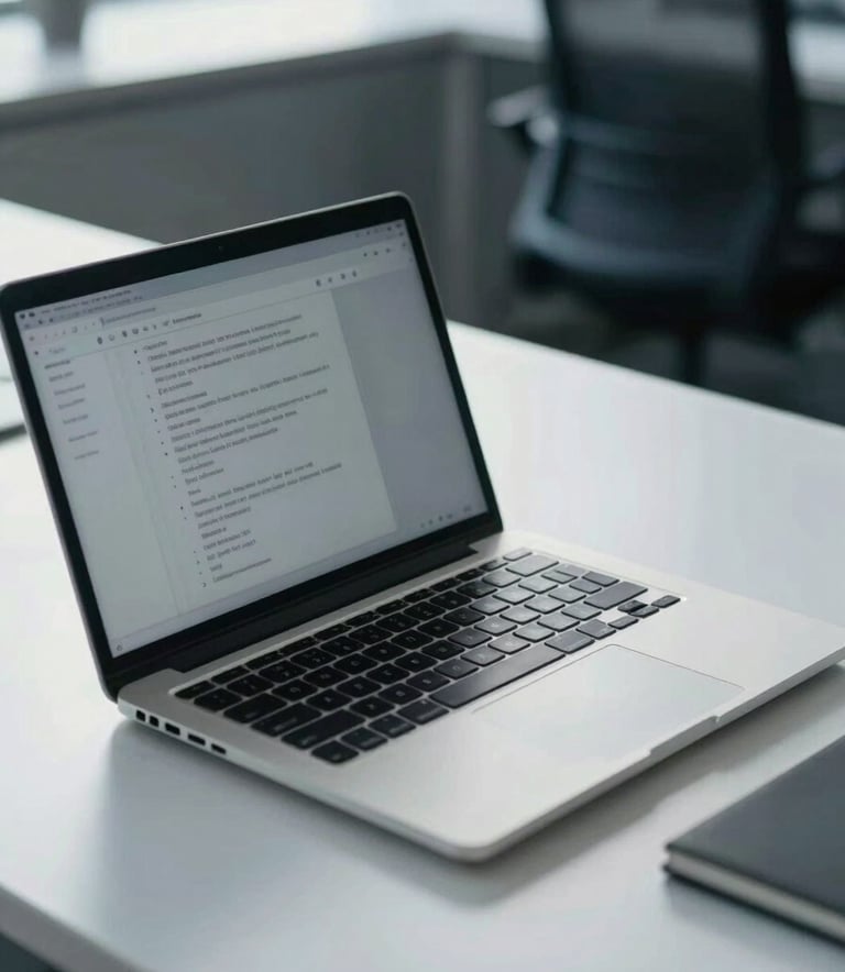 A close-up photograph of a professional laptop on a clean white desk in a sunlit North American office, representing a high-tech business environment with soft blue tones.