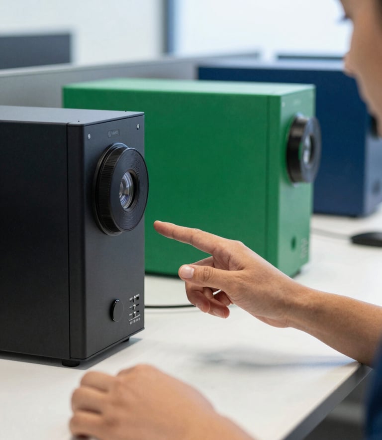 A sharp, close-up photograph of a professional in a modern North American / US office setting interacting with high-end tech hardware. The environment is bright and clean with accents of emerald green and dark blue in the background, conveying a sophisticated and high-tech atmosphere.