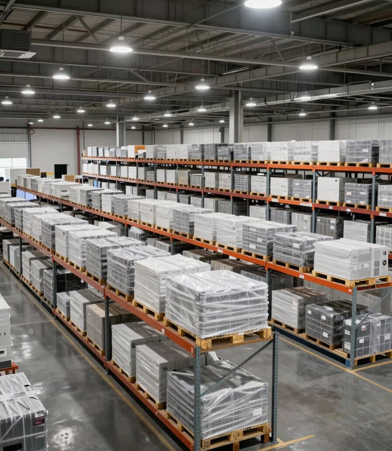 Photography of a large, high-tech fulfillment center in North America with clean lines, professional lighting, and a focused atmosphere of organized efficiency.