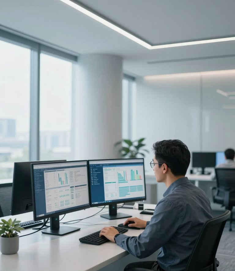A wide-angle professional photography of a bright, minimalist corporate headquarters in the US. A focused manager is using a sleek dual-monitor setup showing logistics data, with soft natural light and a clean, sophisticated atmosphere using a blue and light grey color palette.