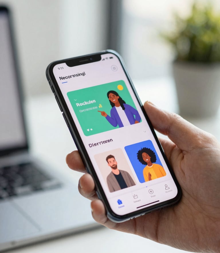 A close-up photograph of a modern Android smartphone being used in a bright, North American office setting. The screen shows a vibrant, creative interface for a learning application, with soft natural lighting and a shallow depth of field, reflecting a professional and innovative atmosphere.