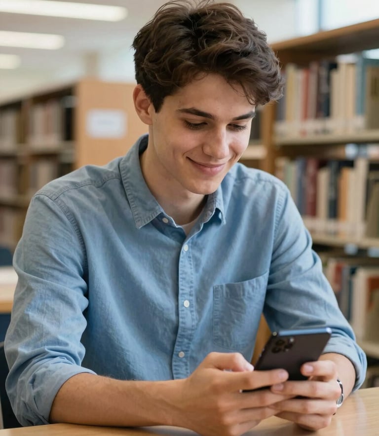 A candid shot of a young adult student in a modern library, focused and smiling while using an Android mobile app for collaborative learning. The lighting is bright and airy, with a sophisticated international vibe. The color palette includes shades of Light Blue and Dark Blue.