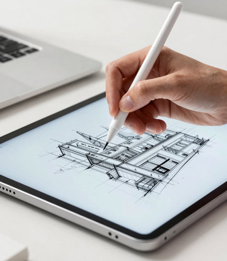 A close-up photograph of a professional using a stylus on a high-end Android tablet to design an architectural sketch. The scene is set in a bright, modern studio in a North American city. The lighting is soft and natural, emphasizing the sleek Near White and Light Blue tones of the device and workspace.
