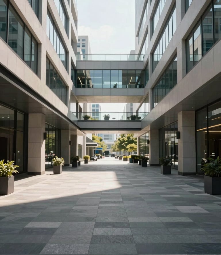 A wide-angle professional photograph of a sunlit corporate plaza in the US, showing clean walkways and modern architectural design with a minimalist aesthetic.